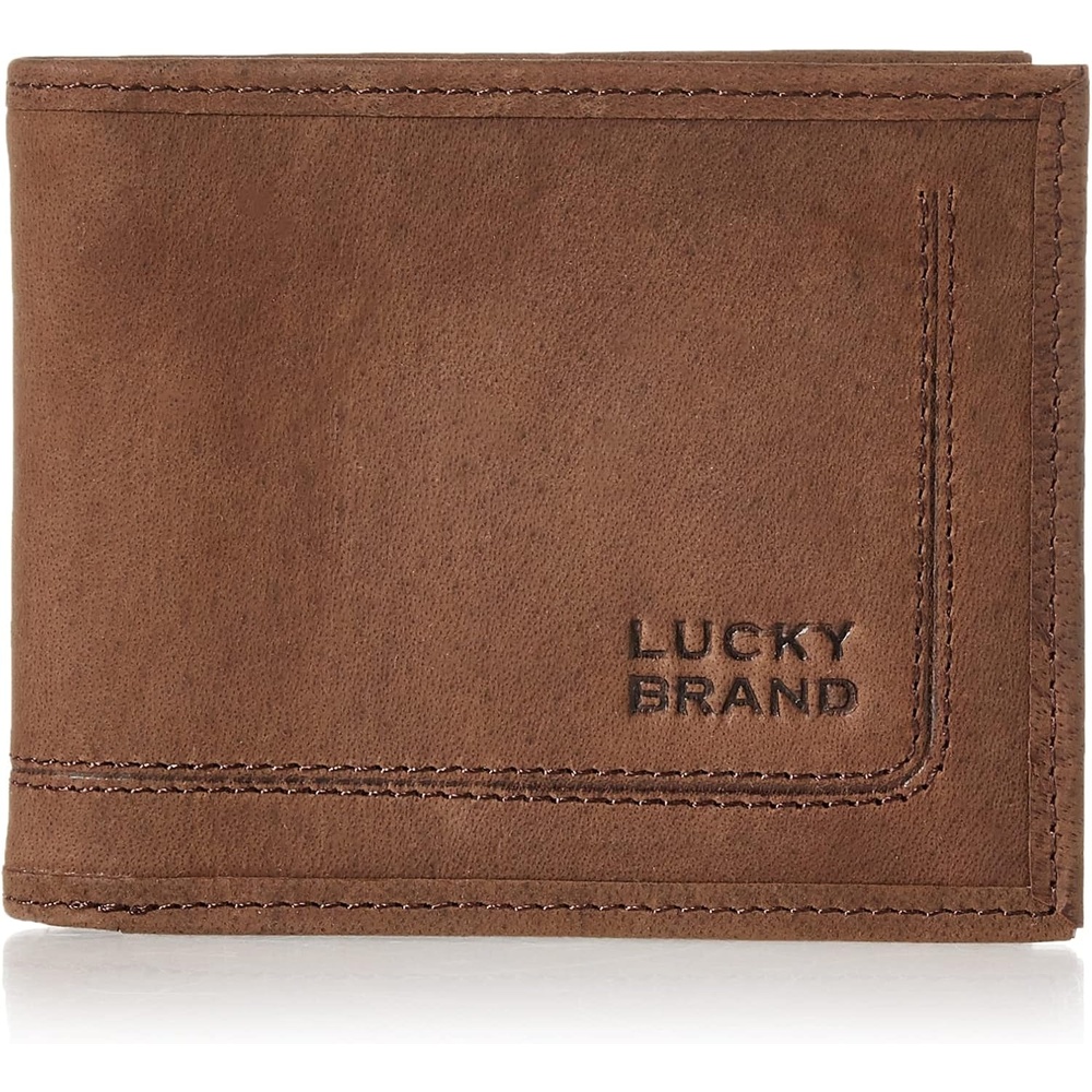 image:imageLucky Brand Mens Bifold and LFold Wallet ID Window Card Slots Genuine Leather Organization StylishGrooved Leather Brown