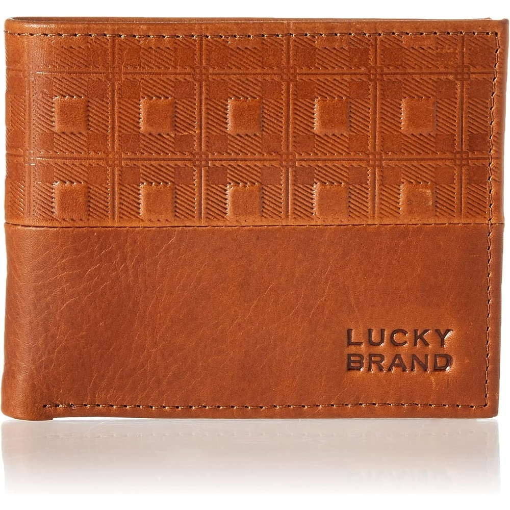 image:imageLucky Brand Mens Bifold and LFold Wallet  ID Window  Card Slots  Genuine Leather  Organization  StylishPlaid Embossed Leather  Brown