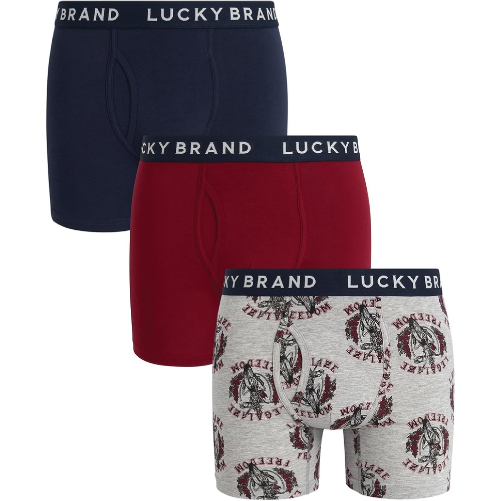 image:imageLucky Brand Mens Boxer Briefs 3 Pack Soft Stretch Casual Mens Underwear with Functional Fly Pouch Boxers S2XL Breathable Fabric Blend Promotes Airflow and Lasting Shape Flexible Fit Adapts to Your Everyday MovementsMood IndigoGrey Heather PrintTibetan Red