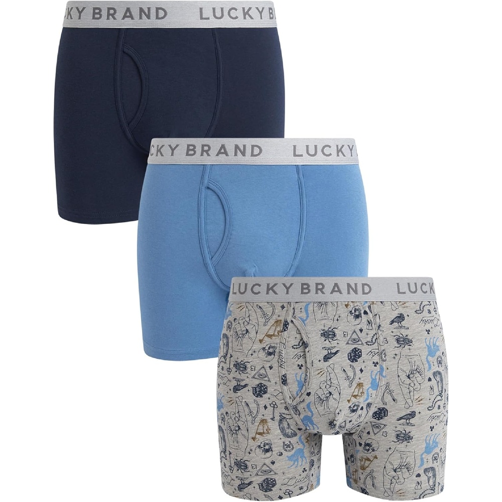 image:imageLucky Brand Mens Boxer Briefs 3 Pack Soft Stretch Casual Mens Underwear with Functional Fly Pouch Boxers S2XL Breathable Fabric Blend Promotes Airflow and Lasting Shape Flexible Fit Adapts to Your Everyday MovementsIndigoGrey Heather PrintCoronet Blue