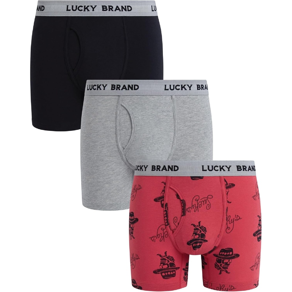 image:imageLucky Brand Mens Boxer Briefs 3 Pack Soft Stretch Casual Mens Underwear with Functional Fly Pouch Boxers S2XL Breathable Fabric Blend Promotes Airflow and Lasting Shape Flexible Fit Adapts to Your Everyday MovementsJet BlackRed PrintGrey Heather