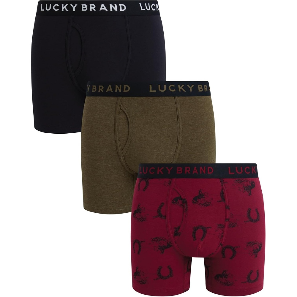 image:imageLucky Brand Mens Boxer Briefs 3 Pack Soft Stretch Casual Mens Underwear with Functional Fly Pouch Boxers S2XL Breathable Fabric Blend Promotes Airflow and Lasting Shape Flexible Fit Adapts to Your Everyday MovementsJet BlackTibetan Red PrintDark Olive Heather