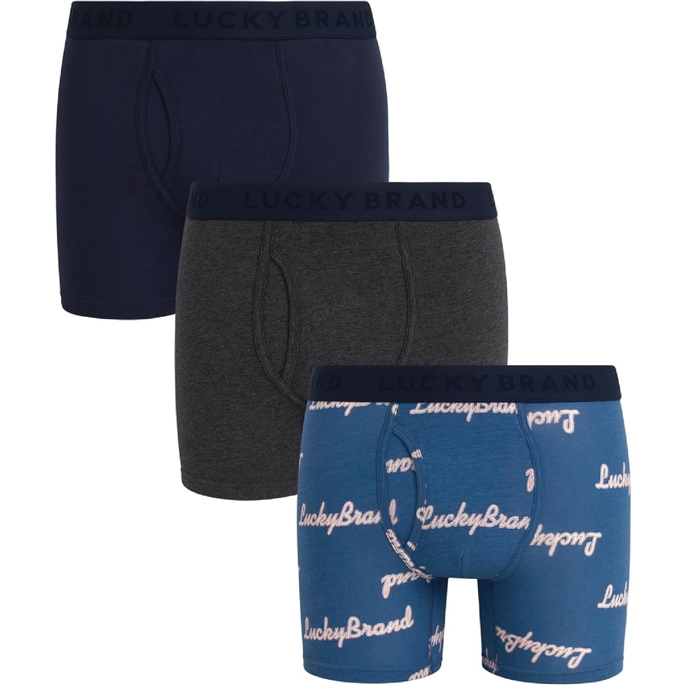 image:imageLucky Brand Mens Boxer Briefs 3 Pack Soft Stretch Casual Mens Underwear with Functional Fly Pouch Boxers S2XL Breathable Fabric Blend Promotes Airflow and Lasting Shape Flexible Fit Adapts to Your Everyday MovementsMood IndigoVintage Indigo PrintCharcoal Grey Heather