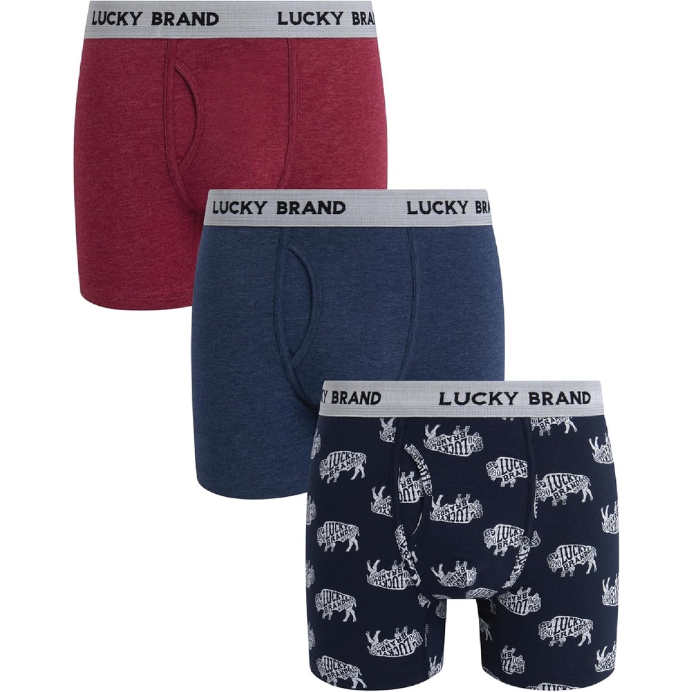 image:imageLucky Brand Mens Boxer Briefs  3 Pack Soft Stretch Casual Mens Underwear with Functional Fly Pouch Boxers S2XL  Breathable Fabric Blend Promotes Airflow and Lasting Shape Flexible Fit Adapts to Your Everyday MovementsIndigo HeatherShadow BlackTibetan Red