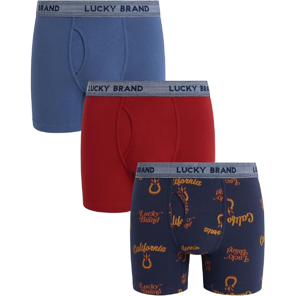 image:imageLucky Brand Mens Boxer Briefs 3 Pack Soft Stretch Casual Mens Underwear with Functional Fly Pouch Boxers S2XL Breathable Fabric Blend Promotes Airflow and Lasting Shape Flexible Fit Adapts to Your Everyday MovementsRed OchreIndigo PrintVintage Indigo