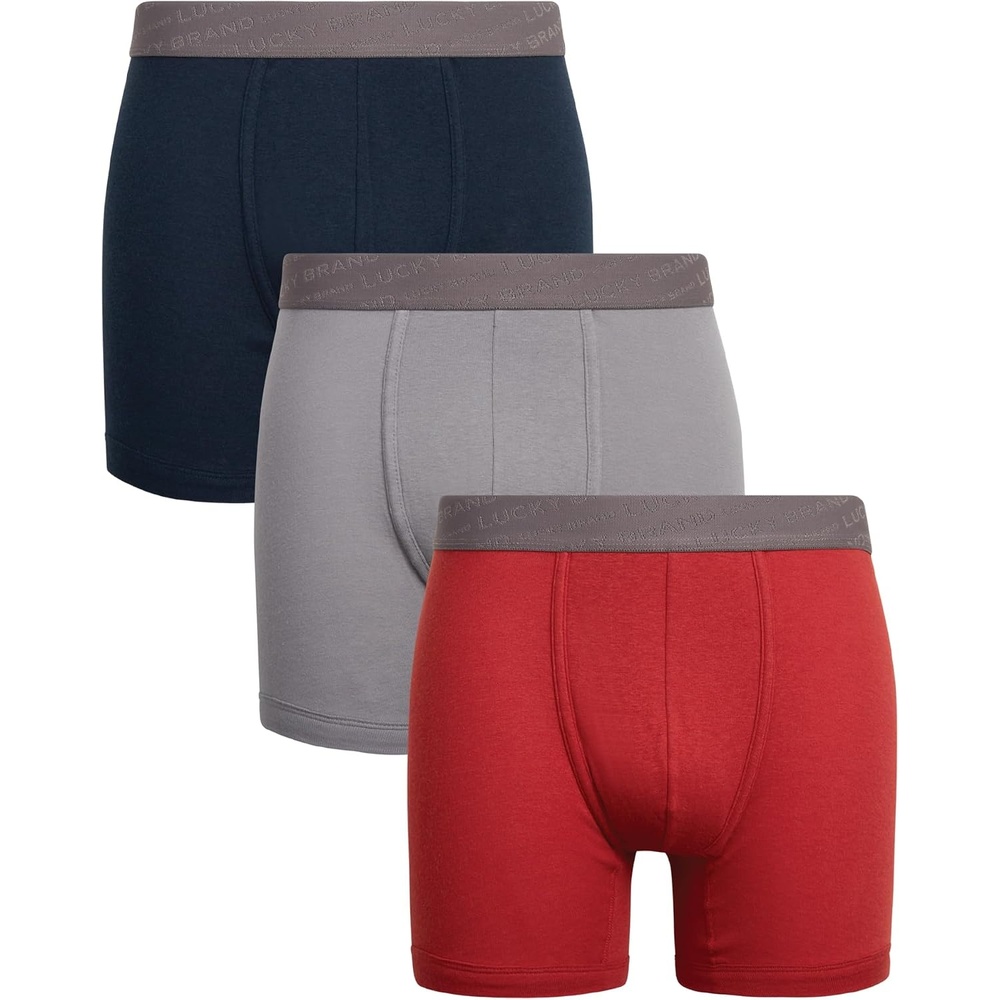 image:imageLucky Brand Mens Boxer Briefs 3 Pack Soft Stretch Cotton Boxer Briefs for Men w Contour Pouch 5 Inseam Mens UnderwearEclipseRedSilver