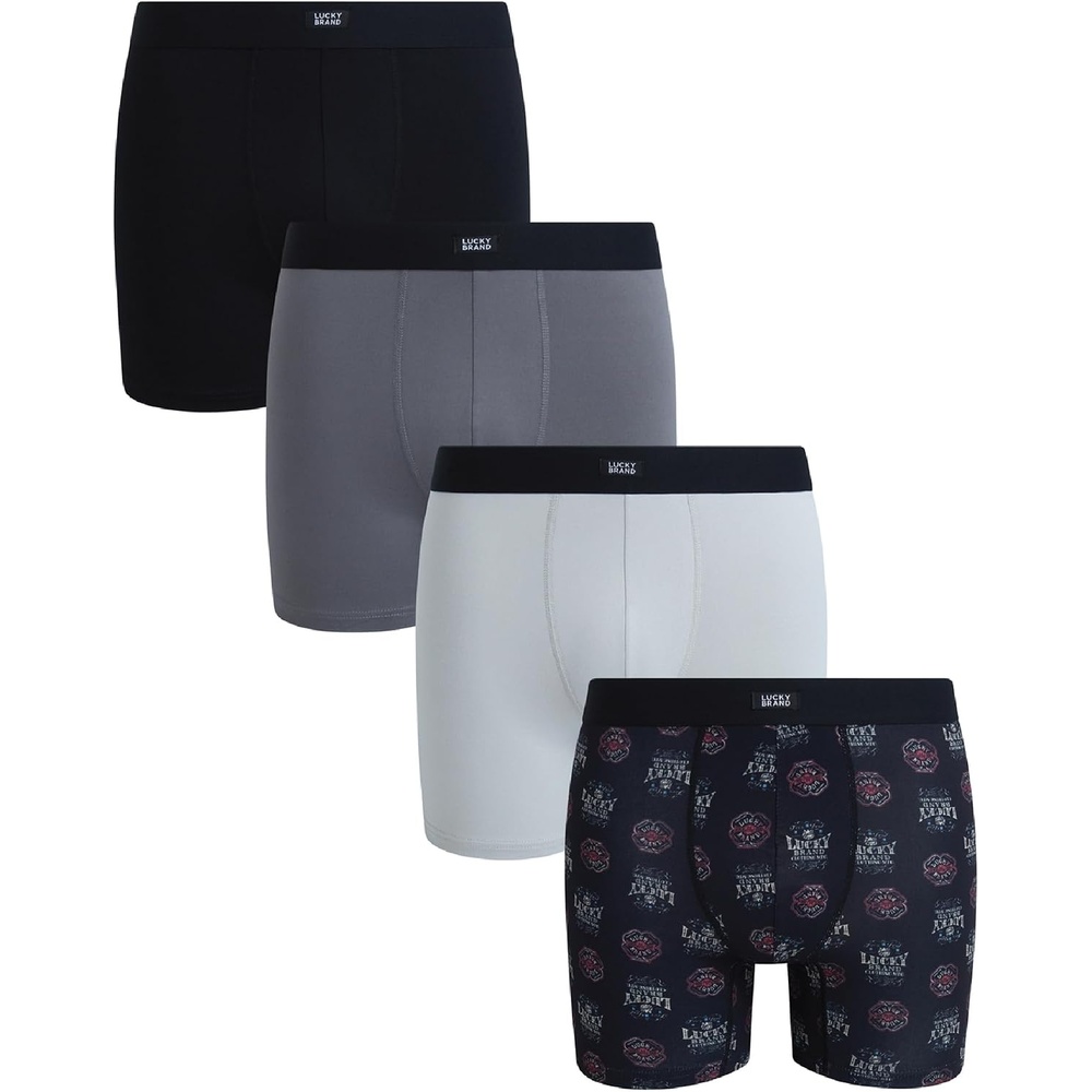 image:imageLucky Brand Mens Boxer Briefs 4 Pack Athletic Boxer Briefs for Men Soft Stretch Mens Underwear with Pouch 6 InseamMedium GreyBlackBlack PrintSoft Grey