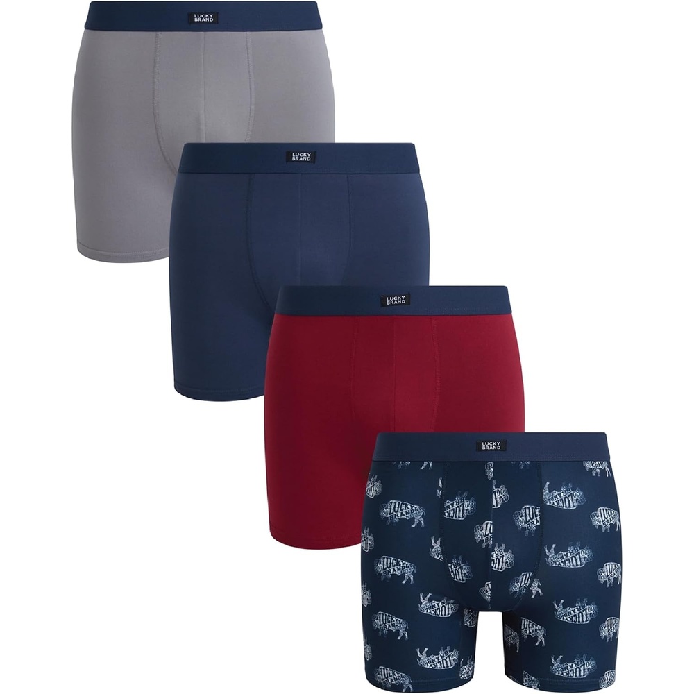 image:imageLucky Brand Mens Boxer Briefs  4 Pack Athletic Boxer Briefs for Men Soft Stretch Mens Underwear with Pouch 6 InseamMood IndigoLight GreyPrintTibetan Red