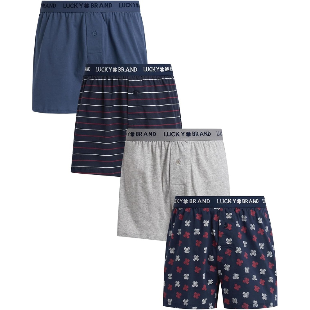 image:imageLucky Brand Mens Boxer Briefs 4 Pack Soft Knit Underwear with Button Fly Smooth Support That Keeps Up with Your Day Breathable Fabric Constructed Built for Everyday ComfortVintage IndigoStripeHeather GreyIndigo Print