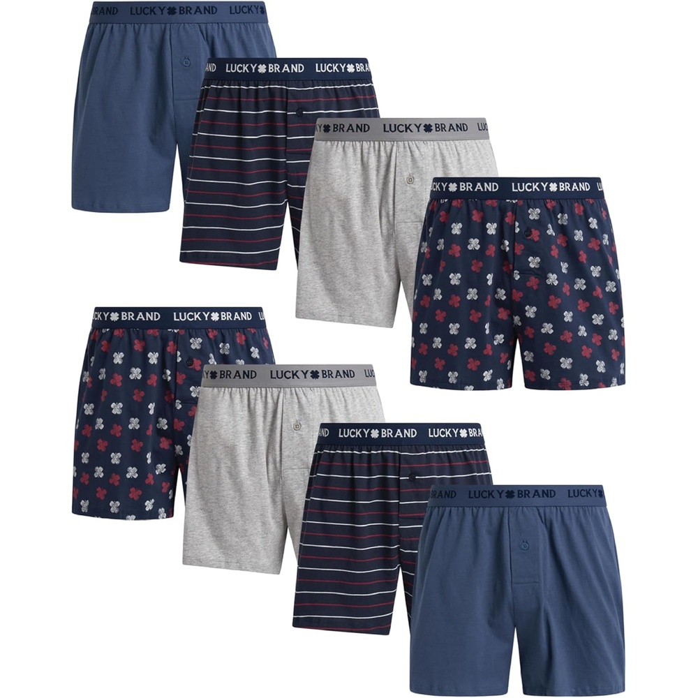 image:imageLucky Brand Mens Boxer Briefs  8 Pack Soft Knit Underwear with Button Fly  Smooth Support That Keeps Up with Your Day Breathable Fabric Constructed Built for Everyday ComfortVintage IndigoStripeHeather GreyIndigo Print