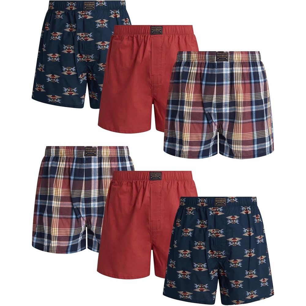 image:imageLucky Brand Mens Boxer Shorts 6 Pack Soft Cotton Relaxed Fit 4 Inseam Mens Underwear Boxers with Functional FlyMarsala RedIndigo PrintPlaid