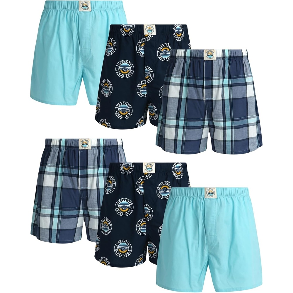 image:imageLucky Brand Mens Boxer Shorts 6 Pack Soft Cotton Relaxed Fit 4 Inseam Mens Underwear Boxers with Functional FlyPlaidMood IndigoSea Angel