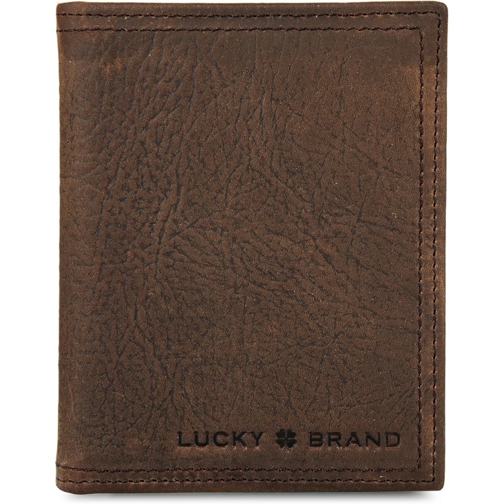 image:imageLucky Brand Mens Double Stitched Leather LFold Wallet  ID Window  Card Slots  Billfold Design  Genuine Leather  Organization  Durable  Stylish  Brown