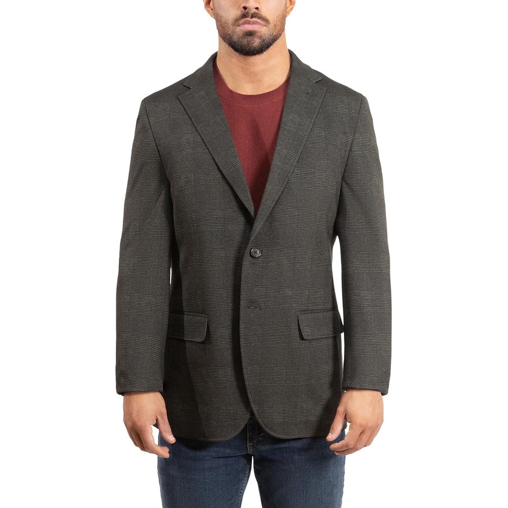 image:imageLucky Brand Mens Knit Sportcoat Slim Fit Rayon Polyester Spandex Glen Plaid Notch Collar 2 Button ClosureOlive