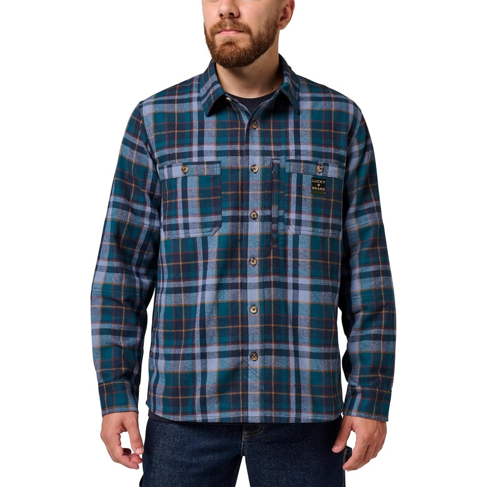 image:imageLucky Brand Mens Mens Long Sleeve Everglades Yarn Dyed Plaid Flannel Work ShirtDk Teal