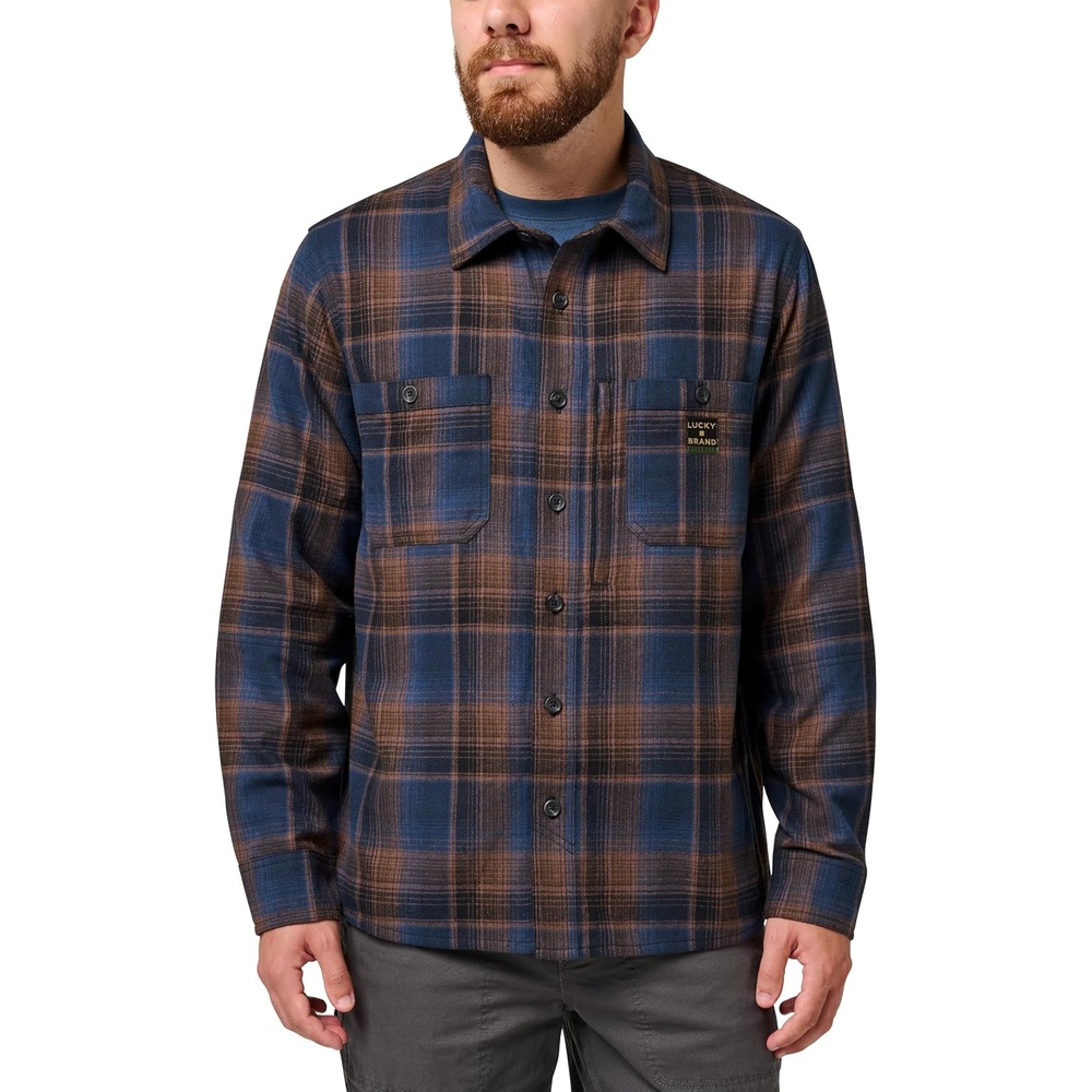 image:imageLucky Brand Mens Mens Long Sleeve Rainier Yarn Dyed Plaid Flannel Work ShirtDk Navy