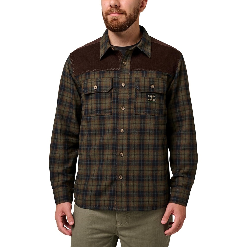 image:imageLucky Brand Mens Mens Long Sleeve Yarn Dyed Plaid Flannel Corduroy Yoke Work ShirtDk Olive