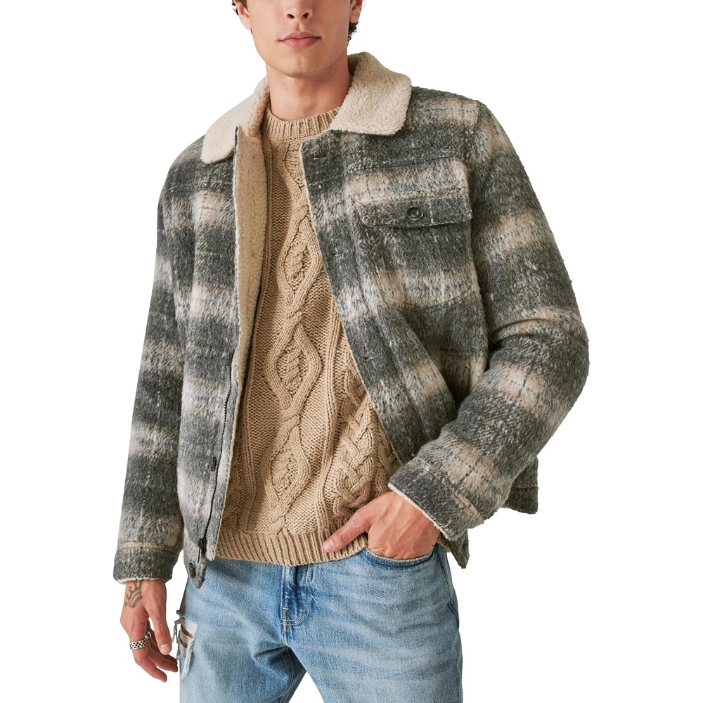image:imageLucky Brand Mens Mens Plaid Faux Shearling Lined Trucker JacketGrey Plaid