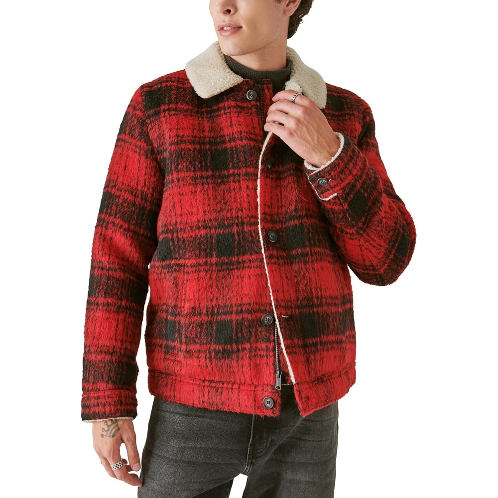 image:imageLucky Brand Mens Mens Plaid Faux Shearling Lined Trucker JacketRed Plaid