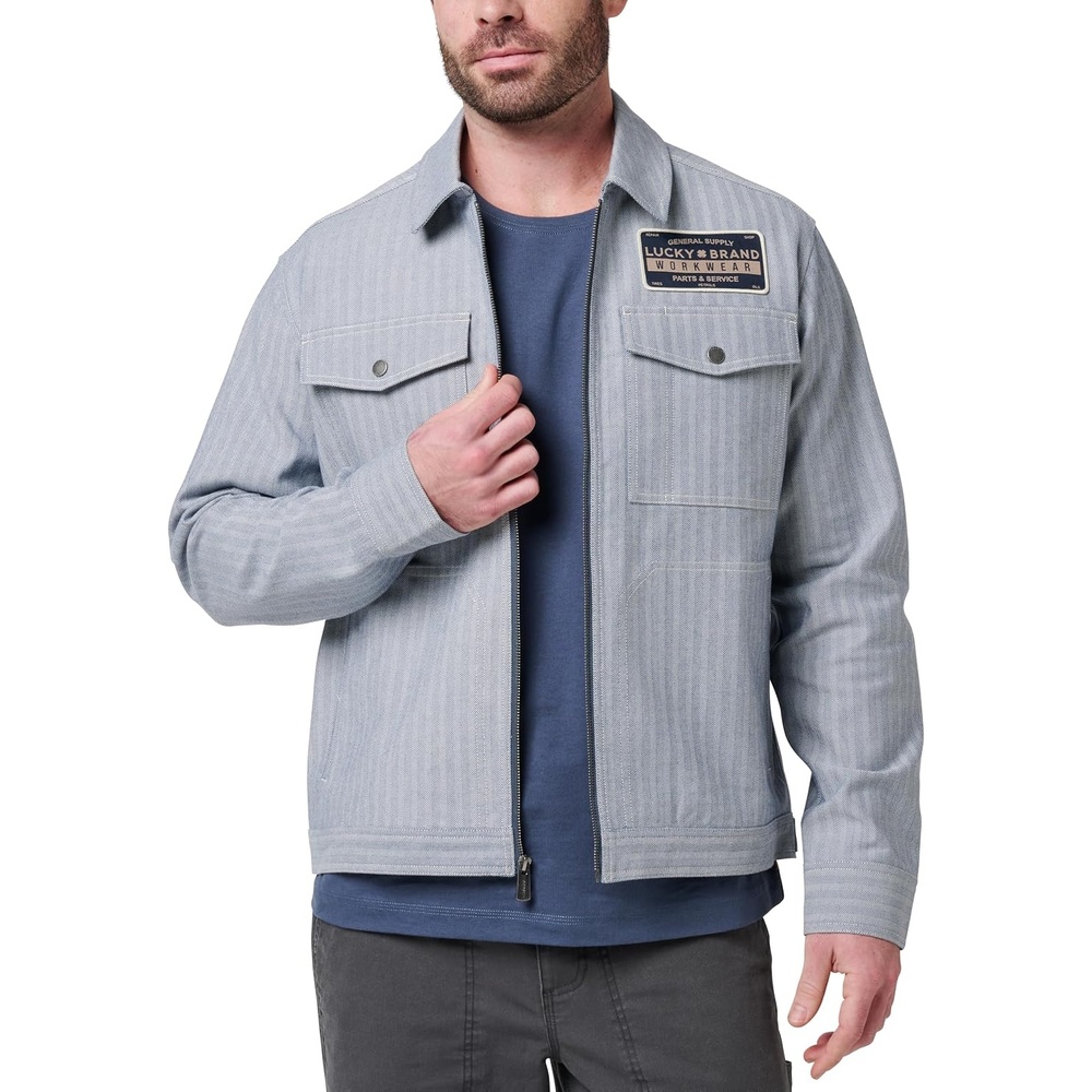 image:imageLucky Brand Mens Mens Yarn Dyed Herringbone Stripe Gas Station JacketWorkwear Blue