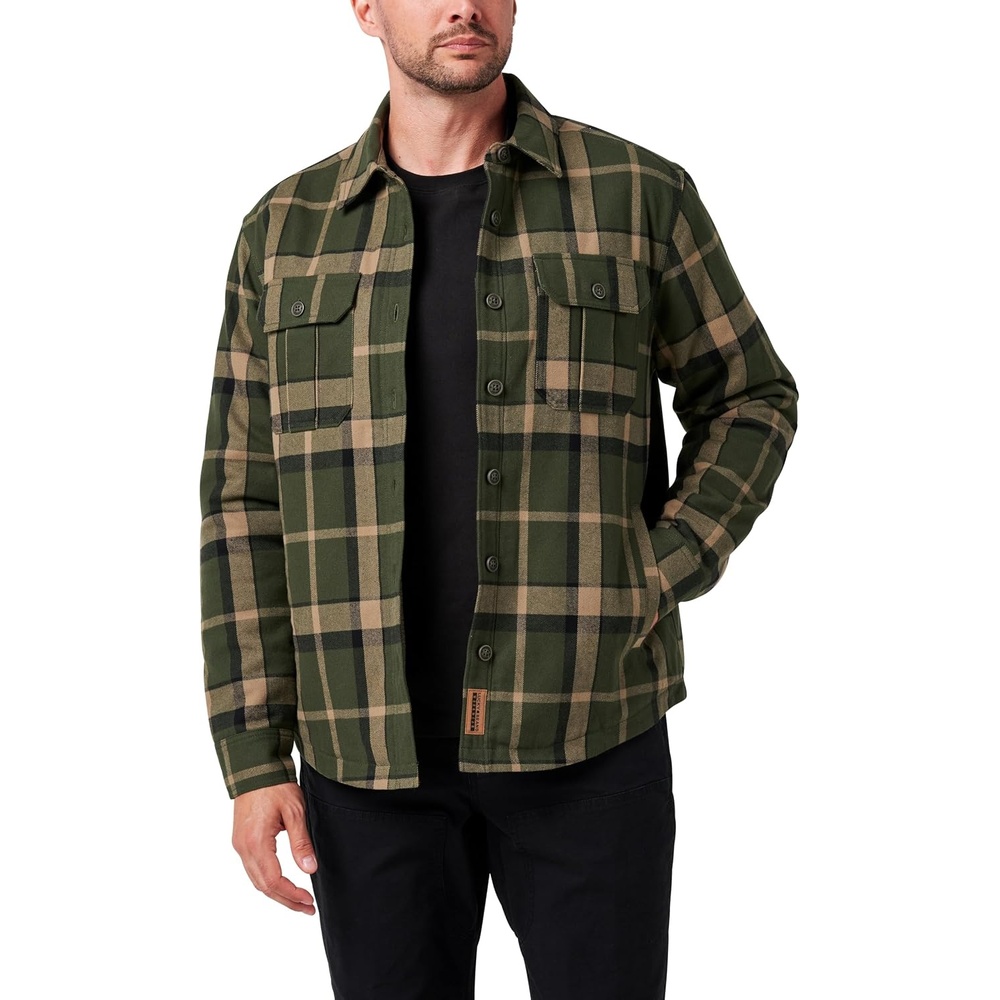 image:imageLucky Brand Mens Mens Yarn Dyed Plaid Flannel Shirt Jacket With Sherpa LiningDk Olive