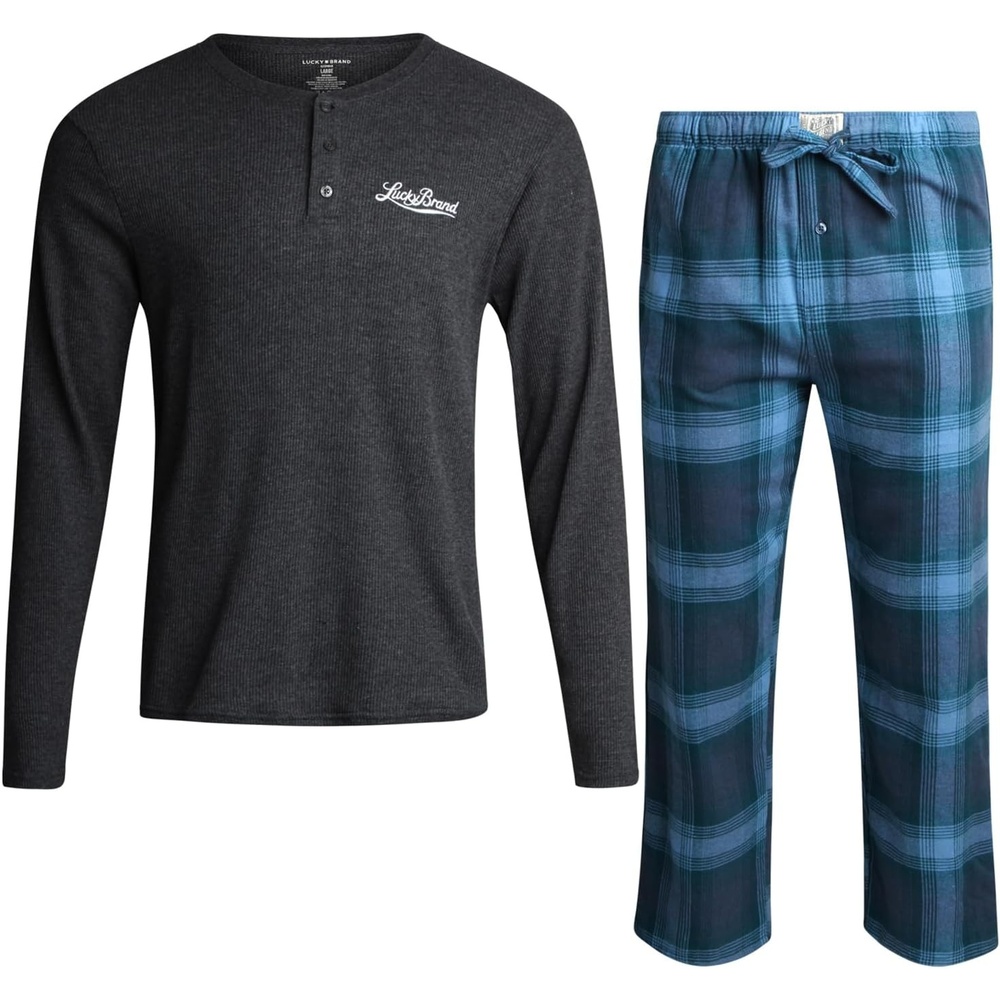 image:imageLucky Brand Mens Pajama Set Long Sleeve Tee amp 30in Flannel Pajama Pants Relaxed StraightLeg Fit with an Adjustable Drawstring Soft Plaid Bottoms Pair with a Graphic TopCharcoal Greyvintage Indigo Plaid