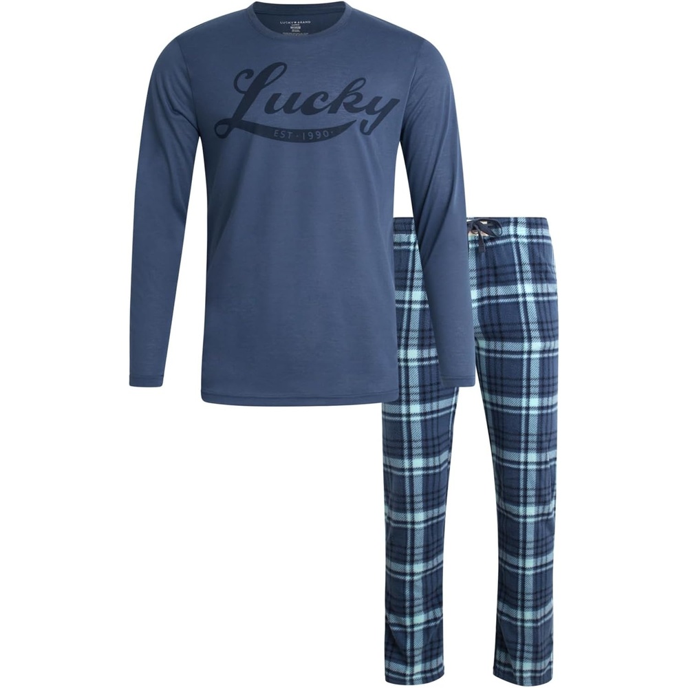 image:imageLucky Brand Mens Pajama Set  Long Sleeve Tee amp 30in Flannel Pajama Pants  Relaxed StraightLeg Fit with an Adjustable Drawstring Soft Plaid Bottoms Pair with a Graphic TopVintage IndigoVintage Indigo Print