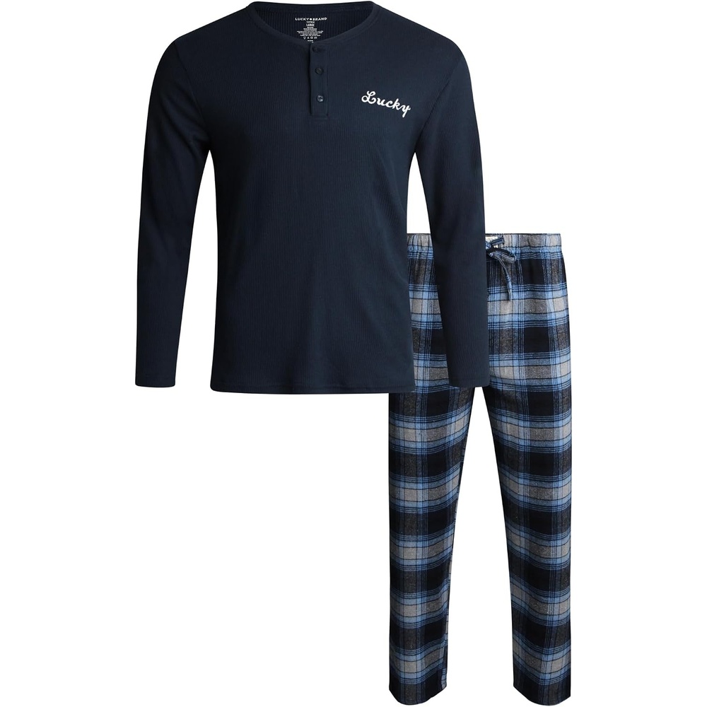 image:imageLucky Brand Mens Pajama Set Long Sleeve Tee amp 30in Flannel Pajama Pants Relaxed StraightLeg Fit with an Adjustable Drawstring Soft Plaid Bottoms Pair with a Graphic TopTotal Eclipsemood Indigo Plaid