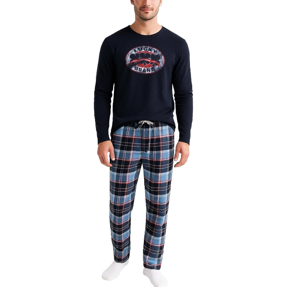 image:imageLucky Brand Mens Pajama Set Long Sleeve Tee amp 30in Fleece Pajama Pants Relaxed StraightLeg Fit with an Adjustable Drawstring Cozy Brushed Bottoms Pair with a Soft TopMood IndigoBlue Plaid