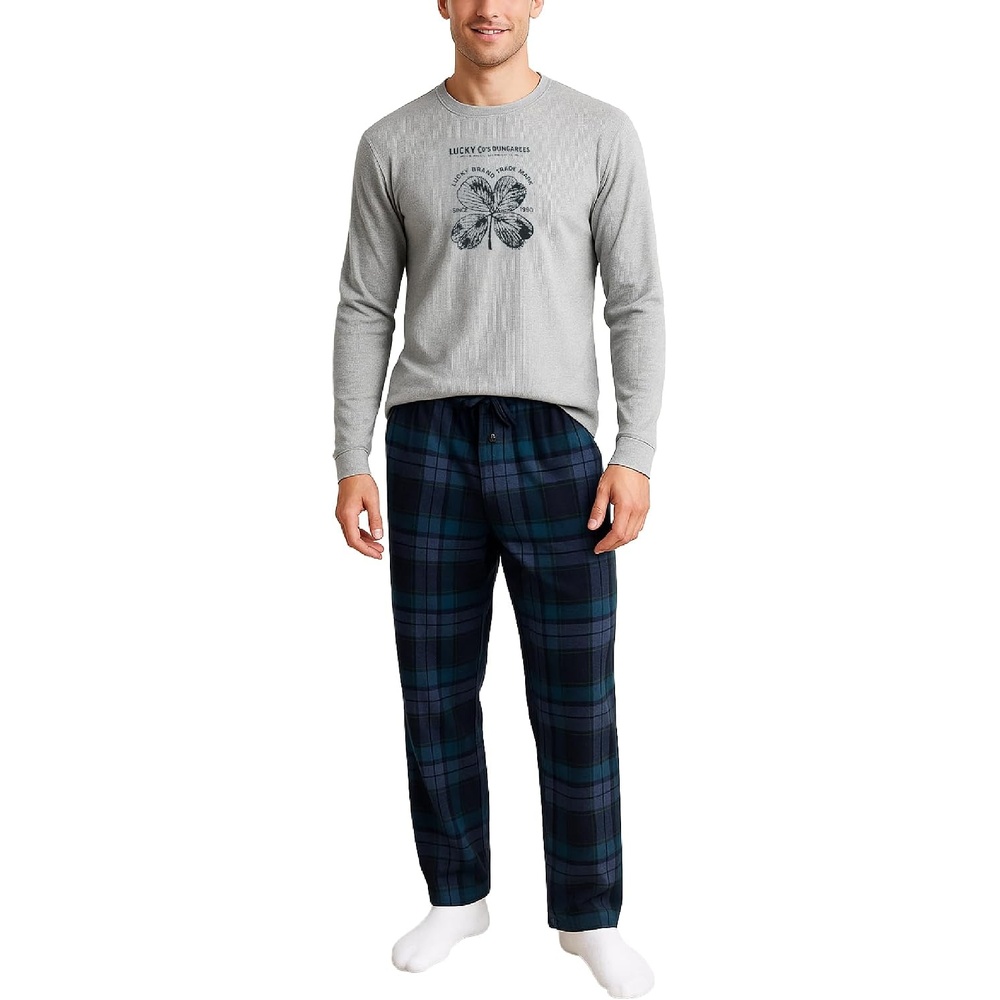 image:imageLucky Brand Mens Pajama Set Long Sleeve Tee amp 30in Fleece Pajama Pants Relaxed StraightLeg Fit with an Adjustable Drawstring Cozy Brushed Bottoms Pair with a Soft TopGrey HeatherMood Indigo Plaid