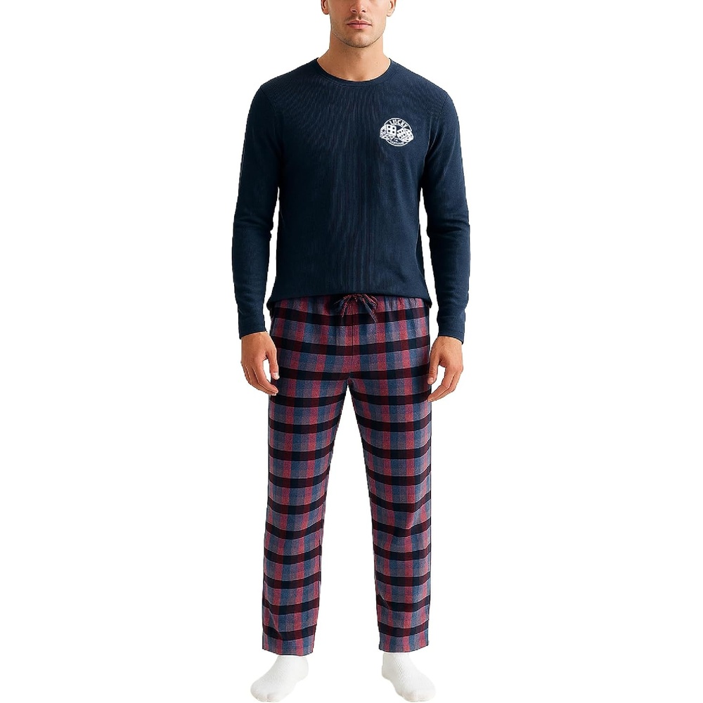 image:imageLucky Brand Mens Pajama Set  Long Sleeve Tee amp 30in Fleece Pajama Pants  Relaxed StraightLeg Fit with an Adjustable Drawstring Cozy Brushed Bottoms Pair with a Soft TopMood Indigo HeatherMood Indigo Plaid