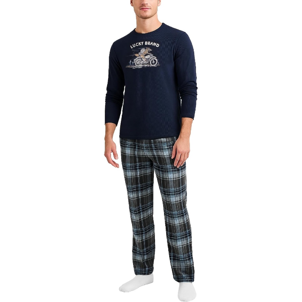 image:imageLucky Brand Mens Pajama Set Long Sleeve Tee amp 30in Fleece Pajama Pants Relaxed StraightLeg Fit with an Adjustable Drawstring Cozy Brushed Bottoms Pair with a Soft TopMood IndigoGrey Plaid