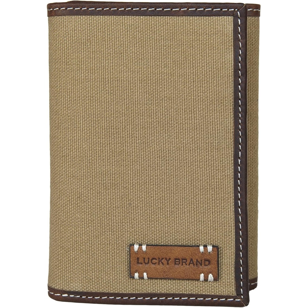 image:imageLucky Brand Mens Smooth Leather Trifold Wallet with RFID Blocking Lining 6 Card Slots and Large Bill Pocket BlackCanvasLeather Khaki