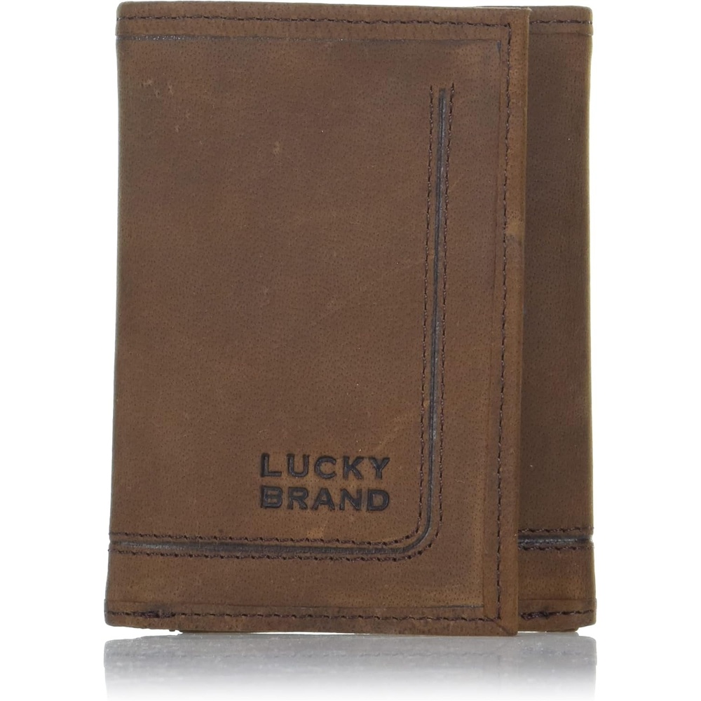 image:imageLucky Brand Mens Smooth Leather Trifold Wallet  with RFID Blocking Lining 6 Card Slots and Large Bill Pocket BlackGrooved Leather  Brown