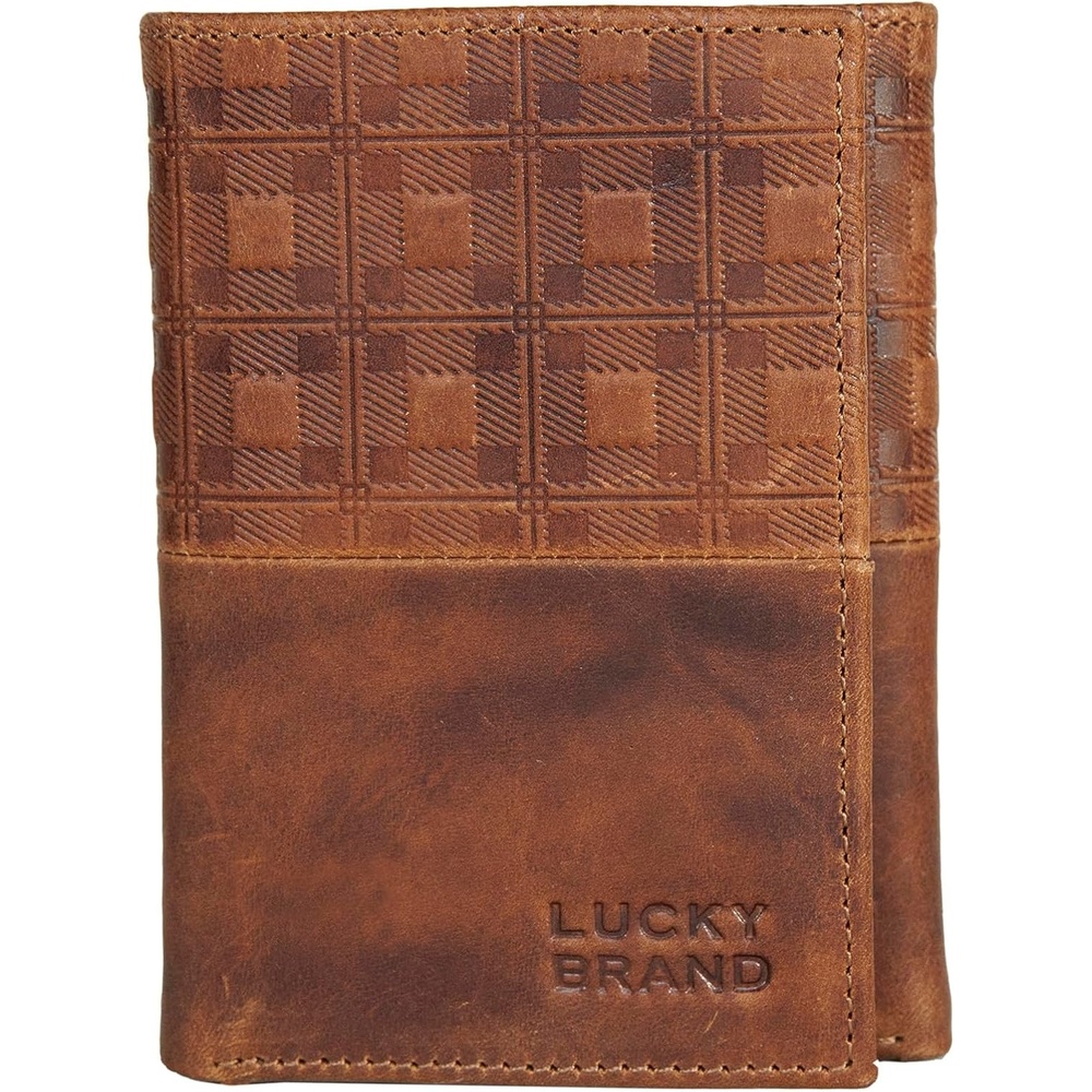 image:imageLucky Brand Mens Smooth Leather Trifold Wallet with RFID Blocking Lining 6 Card Slots and Large Bill Pocket BlackPlaid Embossed Leather Brown
