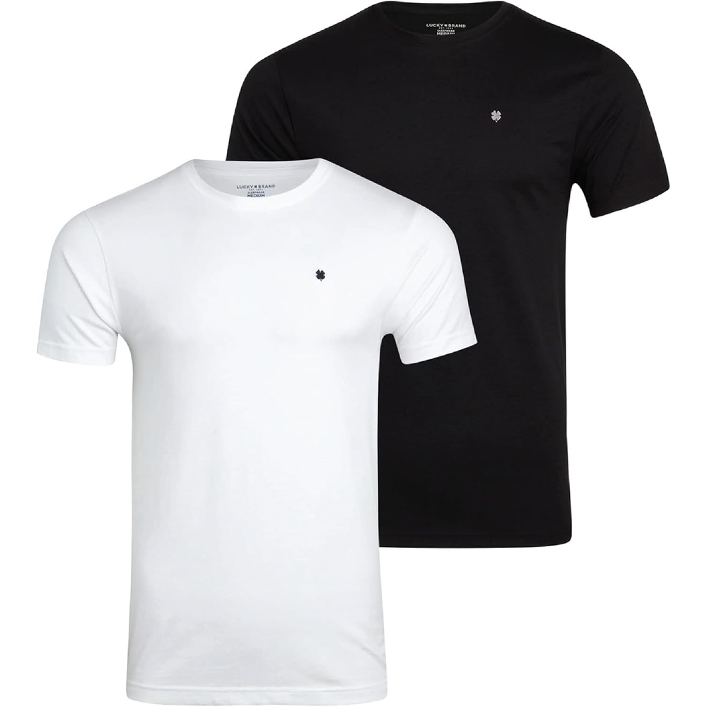 image:imageLucky Brand Mens Tee  2 Pack Classic Fit Cotton Blend Stretch Crewneck  Premium Fabric with Flexible Feels Incredibly Soft Casual Everyday Tee Layers Easily Under Jackets or Worn AloneWhiteJet Black