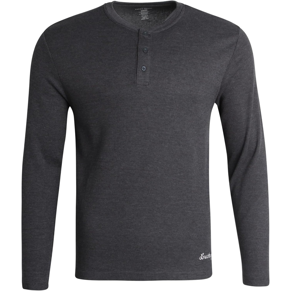 image:imageLucky Brand Mens Thermal Long Sleeve Waffle Henley Shirt Pajama Sleepwear TagFree Comfort 3Button Henley Placket Waffle Knit Thermal Fabric Ideal For LayeringCharcoal Heather Grey