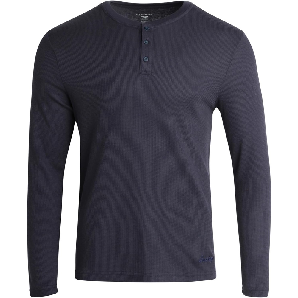 image:imageLucky Brand Mens Thermal Long Sleeve Waffle Henley Shirt Pajama Sleepwear TagFree Comfort 3Button Henley Placket Waffle Knit Thermal Fabric Ideal For LayeringMood Indigo