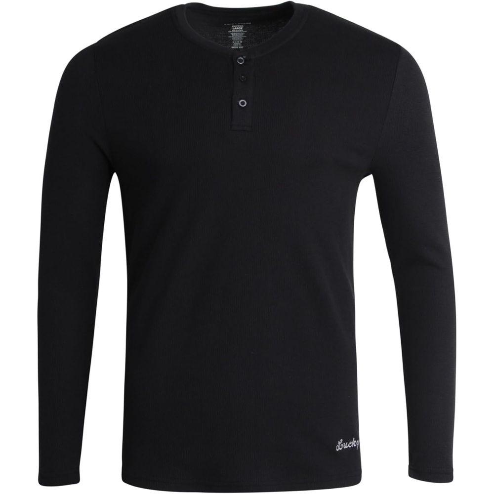 image:imageLucky Brand Mens Thermal Long Sleeve Waffle Henley Shirt Pajama Sleepwear  TagFree Comfort 3Button Henley Placket Waffle Knit Thermal Fabric Ideal For LayeringJet Black