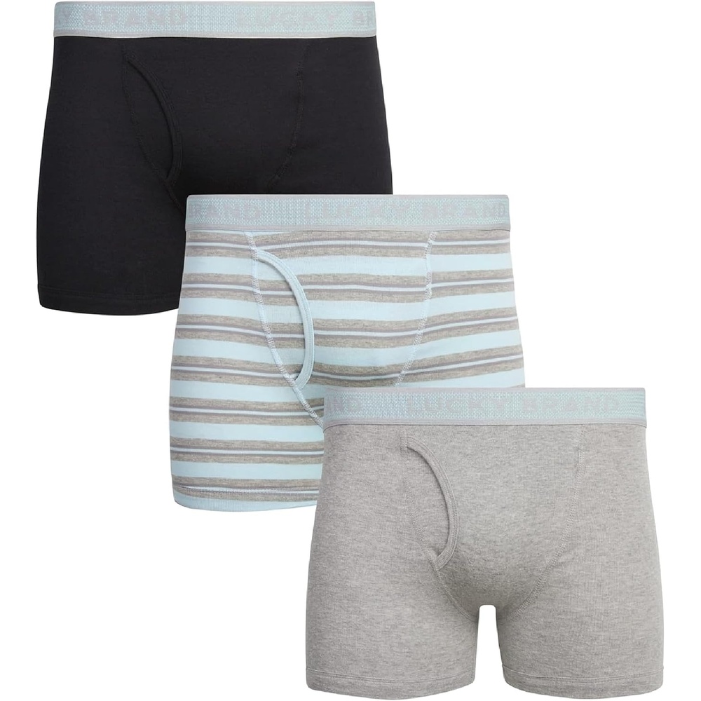 image:imageLucky Brand Mens Underwear Boxer Briefs  3 Pack Soft Cotton Blend Boxers for Men with Functional Fly Pouch 6 InseamBlackStripeGrey