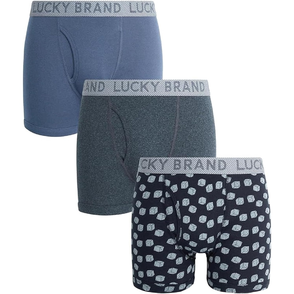 image:imageLucky Brand Mens Underwear Boxer Briefs  3 Pack Soft Cotton Blend Boxers for Men with Functional Fly Pouch 6 InseamBlue HeatherPrintCharcoal