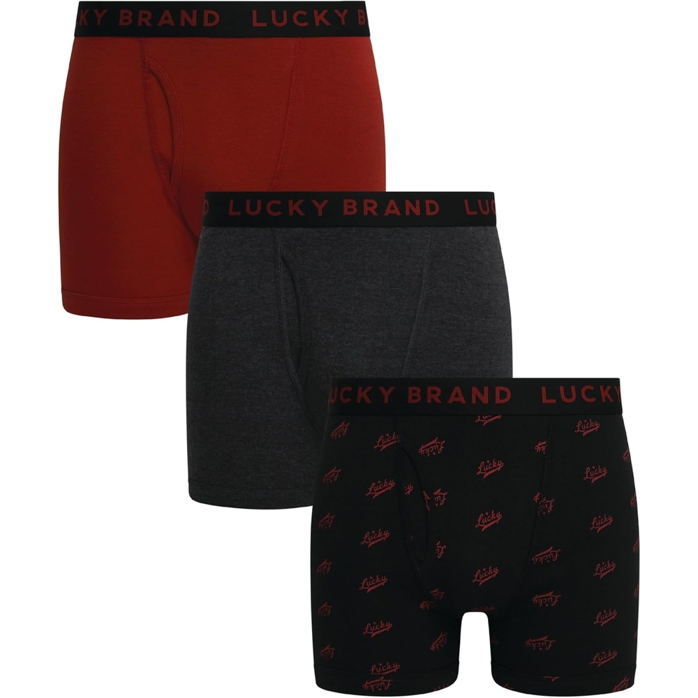 image:imageLucky Brand Mens Underwear Boxer Briefs 3 Pack Soft Cotton Blend Boxers for Men with Functional Fly Pouch 6 InseamCharcoal Heather GreyJet Black PrintRed Ochre