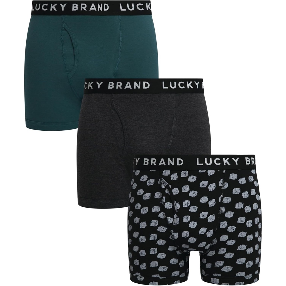 image:imageLucky Brand Mens Underwear Boxer Briefs  3 Pack Soft Cotton Blend Boxers for Men with Functional Fly Pouch 6 InseamCharcoal Heather GreyJet Black PrintTeal