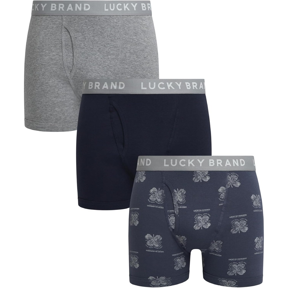 image:imageLucky Brand Mens Underwear Boxer Briefs  3 Pack Soft Cotton Blend Boxers for Men with Functional Fly Pouch 6 InseamHeather GreyVintage Indigo PrintMood Indigo