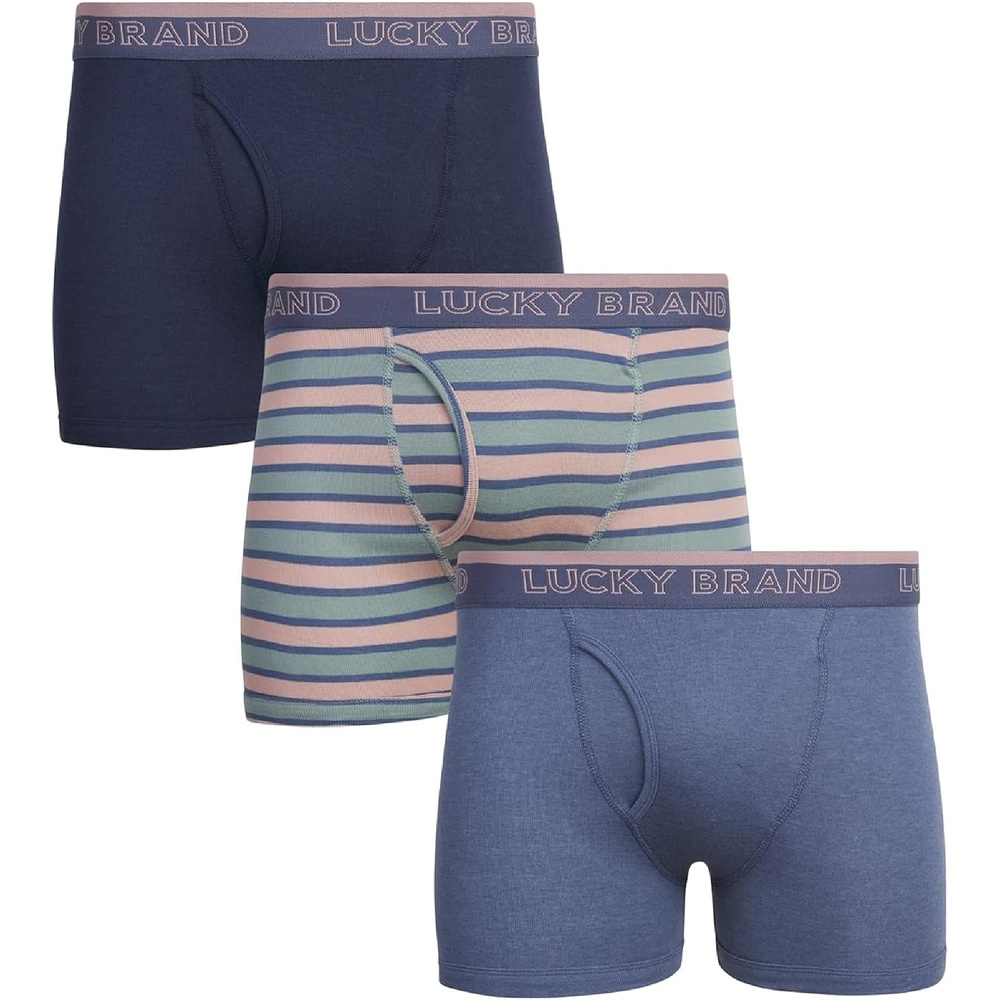 image:imageLucky Brand Mens Underwear Boxer Briefs 3 Pack Soft Cotton Blend Boxers for Men with Functional Fly Pouch 6 InseamNavyStripeBlue