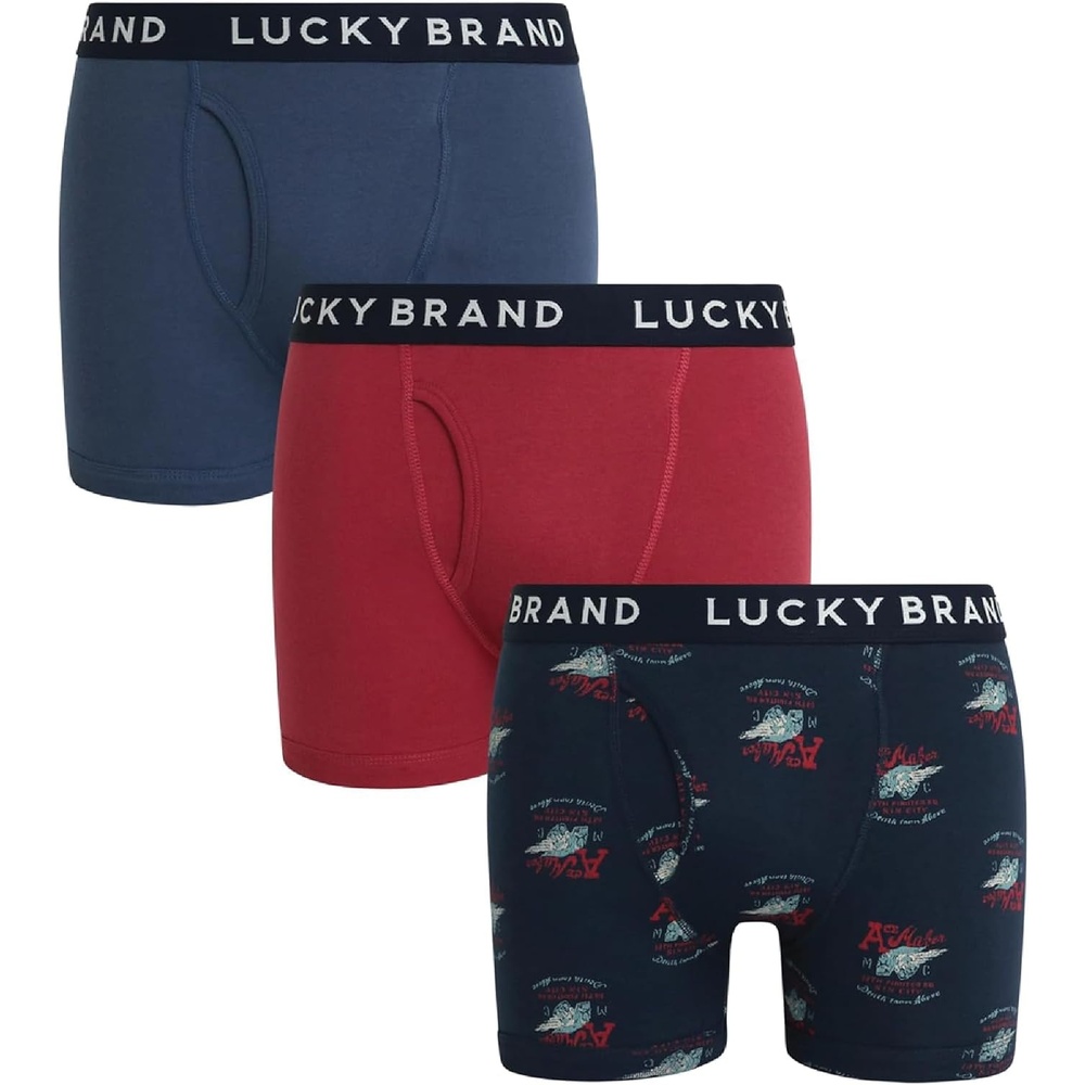 image:imageLucky Brand Mens Underwear Boxer Briefs 3 Pack Soft Cotton Blend Boxers for Men with Functional Fly Pouch 6 InseamVintage IndigoIndigoEarth Red
