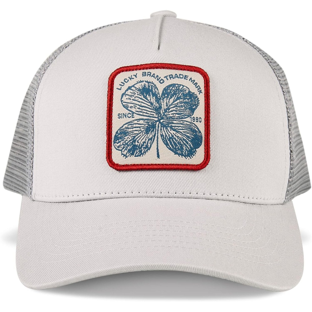image:imageLucky Brand Trucker Hat Snapback Adjustable Mesh Back Retro Baseball Cap Golf Fishing American HeritageClover Patch Light Grey
