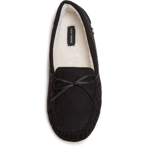 Lucky Brand Mens Micro-Suede Moccasin Slippers with Faux Sherpa Lining(Black)