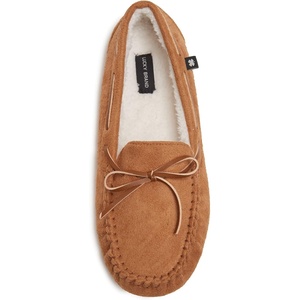 Lucky Brand Mens Micro-Suede Moccasin Slippers with Faux Sherpa Lining(Tan)