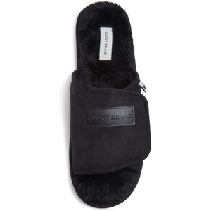 Lucky Brand Mens Microsuede Memory Foam Open Toe Slippers, Cool Adjustable Strap Indoor Outdoor House Sliders for Men(Black/Black)